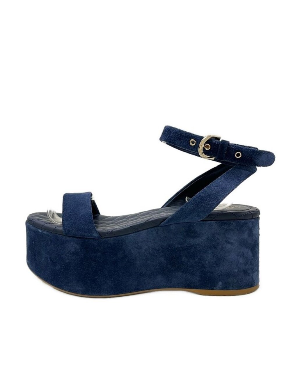 Chanel Sandals Navy Wedge Sole Gold CC Logo